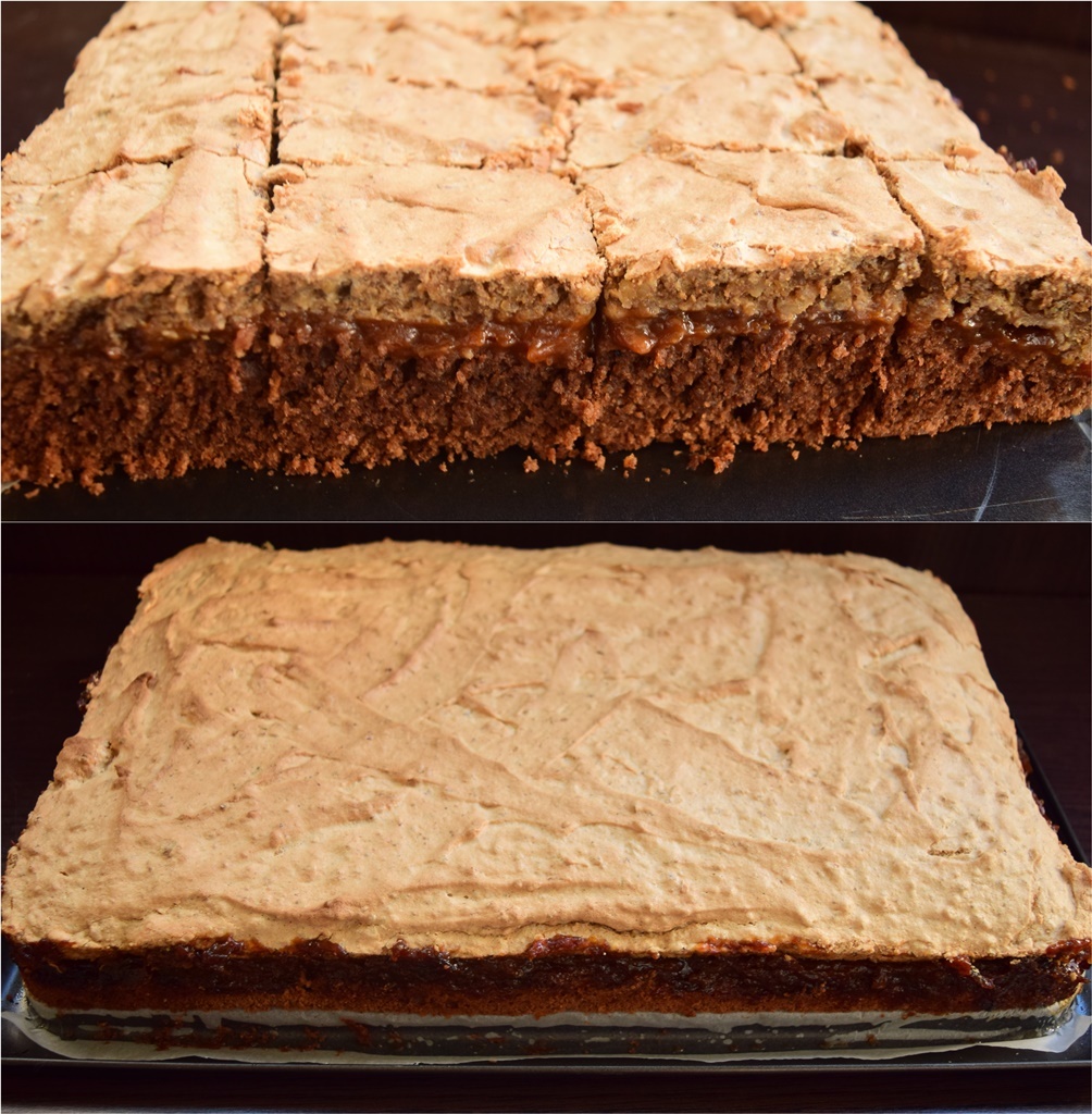 Brownie cu gem de caise și bezea cu nuci întreagă și porționată